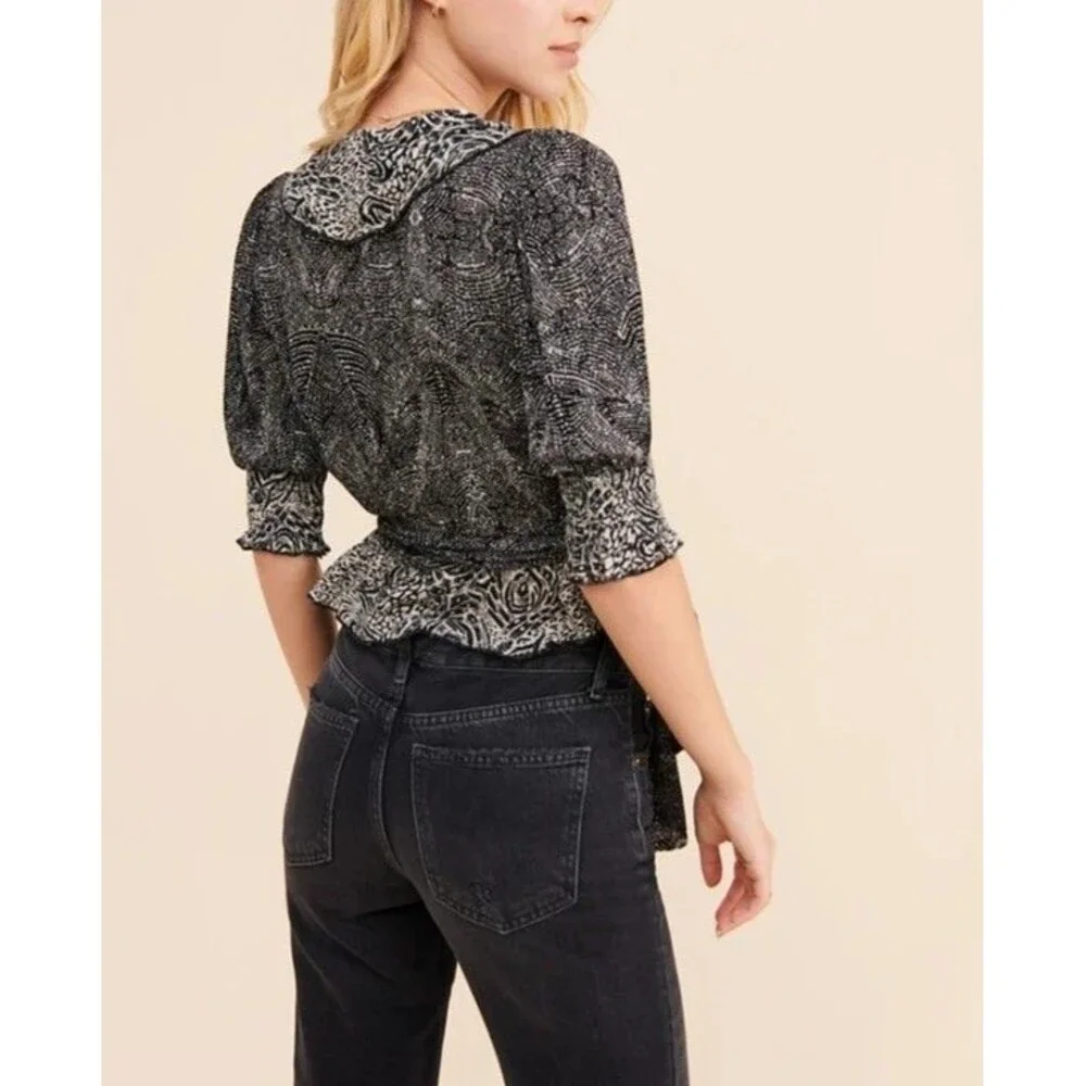Free People Nully Olivia Wrap Top Blouse Short-Sleeves Black Printed S 287036 - Picture 4 of 9